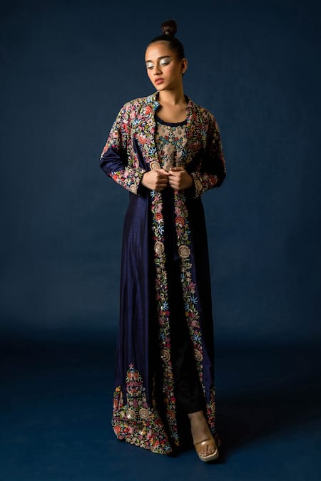 Buy_Pds By Sneha_Blue Silk Hand Embroidery Floral Top Round Neck Long Jacket With  _Online_at_Aza_Fashions
