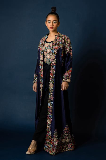 Shop_Pds By Sneha_Blue Silk Hand Embroidery Floral Top Round Neck Long Jacket With  _Online_at_Aza_Fashions