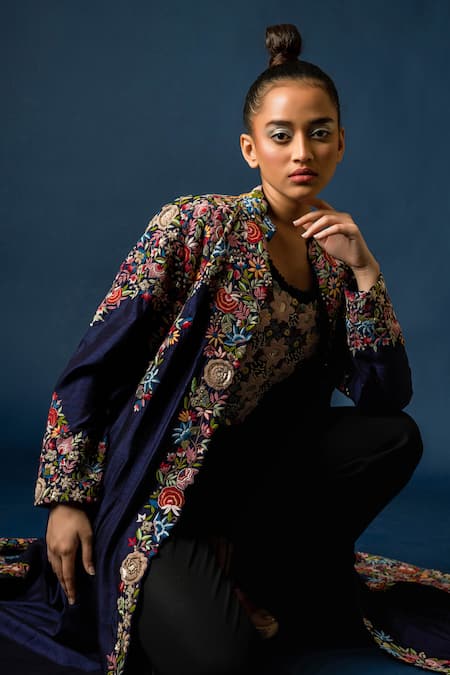Pds By Sneha_Blue Silk Hand Embroidery Floral Top Round Neck Long Jacket With  _at_Aza_Fashions