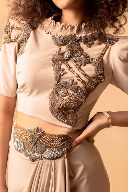 Pds By Sneha_Beige Lycra Hand Embroidery Beads High Neck Top With Skirt  _at_Aza_Fashions