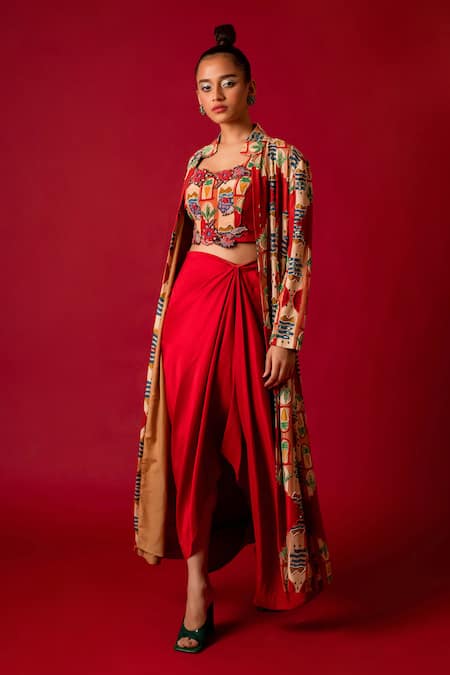 Pds By Sneha_Red Crepe Hand Embroidery Thread Stand Abstract Jacket And Skirt Set  _Online_at_Aza_Fashions