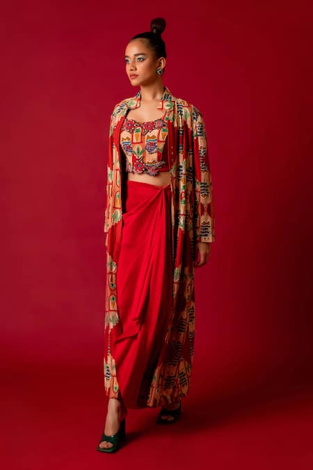 Buy_Pds By Sneha_Red Crepe Hand Embroidery Thread Stand Abstract Jacket And Skirt Set  _Online_at_Aza_Fashions