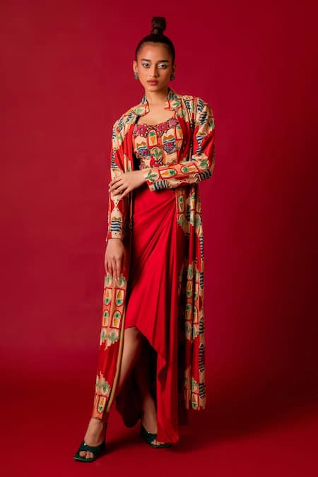 Shop_Pds By Sneha_Red Crepe Hand Embroidery Thread Stand Abstract Jacket And Skirt Set  _Online_at_Aza_Fashions
