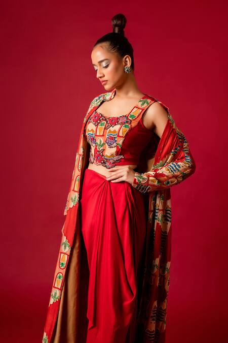 Pds By Sneha_Red Crepe Hand Embroidery Thread Stand Abstract Jacket And Skirt Set  _at_Aza_Fashions