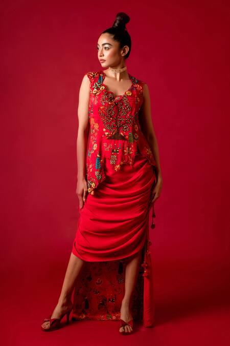 Pds By Sneha_Red Georgette Hand Embroidery Floral Print Asymmetric Tunic With Skirt  _Online_at_Aza_Fashions