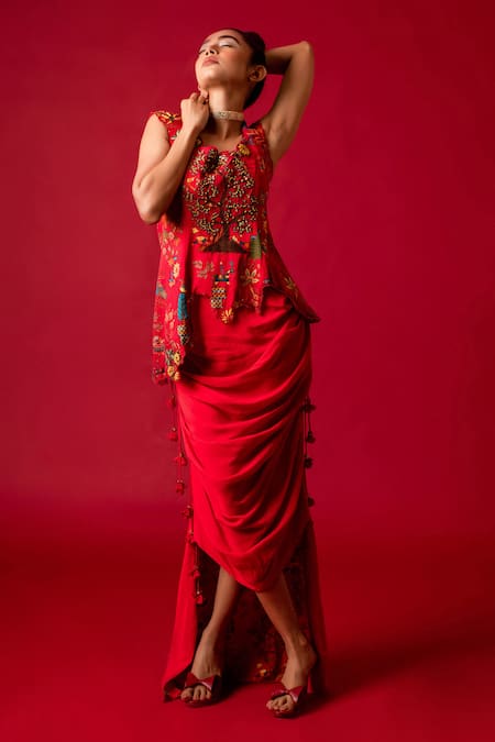 Buy_Pds By Sneha_Red Georgette Hand Embroidery Floral Print Asymmetric Tunic With Skirt  _Online_at_Aza_Fashions