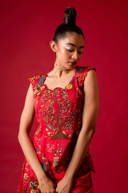 Shop_Pds By Sneha_Red Georgette Hand Embroidery Floral Print Asymmetric Tunic With Skirt  _Online_at_Aza_Fashions