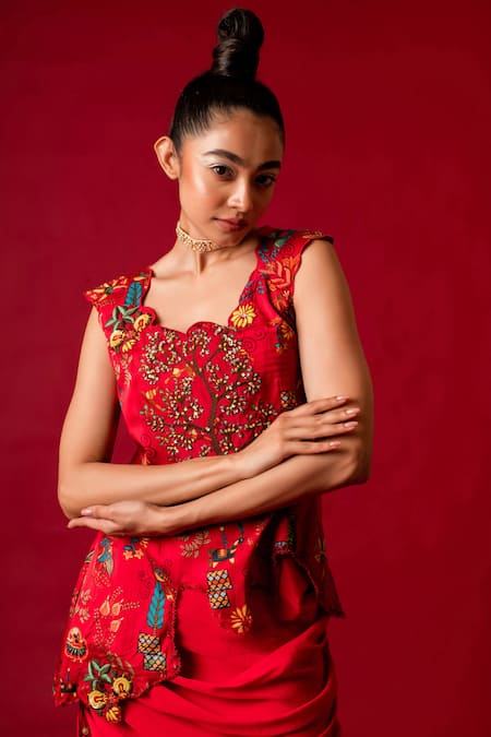 Pds By Sneha_Red Georgette Hand Embroidery Floral Print Asymmetric Tunic With Skirt  _at_Aza_Fashions