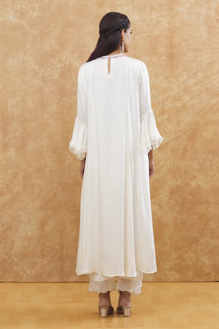 House Of TA-YA_Off White Satin, Chiffon Lace Round Neck Bell Sleeve Flared Kurta Set _Online_at_Aza_Fashions