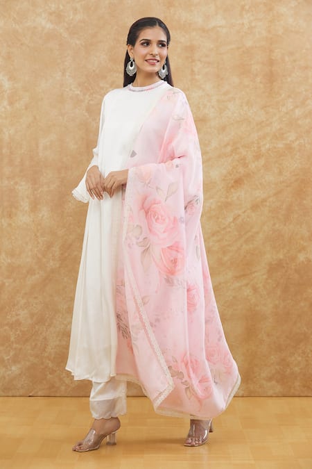 Shop_House Of TA-YA_Off White Satin, Chiffon Lace Round Neck Bell Sleeve Flared Kurta Set _Online_at_Aza_Fashions