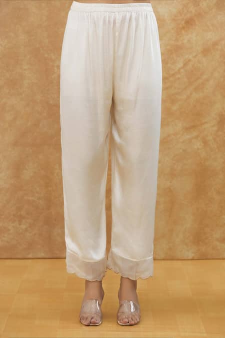 House Of TA-YA_Off White Satin, Chiffon Lace Round Neck Bell Sleeve Flared Kurta Set _at_Aza_Fashions