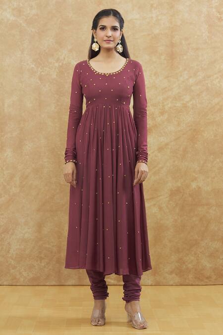 Buy_House Of TA-YA_Maroon Cotton, Viscose Embroidery Scoop Neck Hand Anarkali Set _Online_at_Aza_Fashions