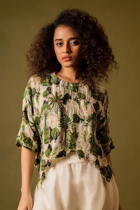 Pds By Sneha_Ivory Organza Print Peacock Round Hand Embroidered Top With Dhoti Pant  _at_Aza_Fashions