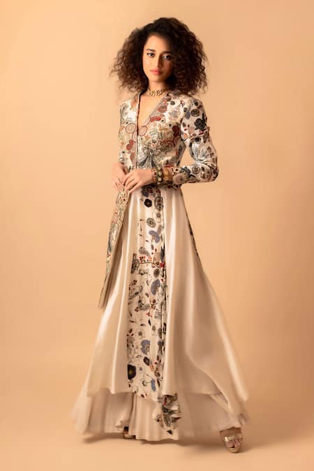 Pds By Sneha_Ivory Chanderi Print Flower Hand Embroidered Jacket With Sharara  _at_Aza_Fashions