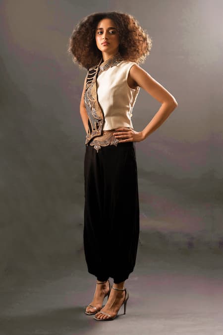 Pds By Sneha_Black Silk Hand Embroidery Abstract High Neck Waistcoat With Pant  _Online_at_Aza_Fashions