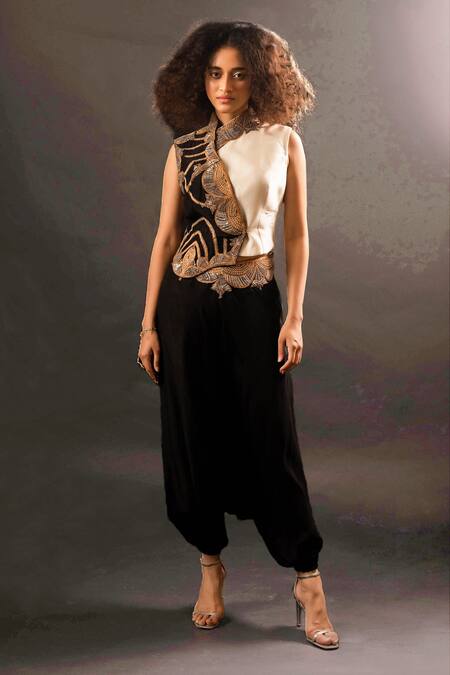 Buy_Pds By Sneha_Black Silk Hand Embroidery Abstract High Neck Waistcoat With Pant  _Online_at_Aza_Fashions