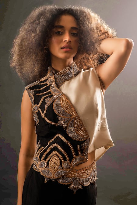 Shop_Pds By Sneha_Black Silk Hand Embroidery Abstract High Neck Waistcoat With Pant  _Online_at_Aza_Fashions