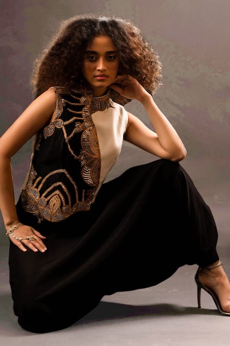 Pds By Sneha_Black Silk Hand Embroidery Abstract High Neck Waistcoat With Pant  _at_Aza_Fashions