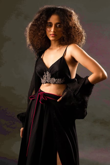 Shop_Pds By Sneha_Black Cotton Satin Hand Embroidery Cutdana Sheer Shirt And Skirt Set  _Online_at_Aza_Fashions