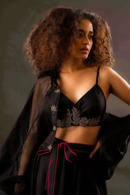 Pds By Sneha_Black Cotton Satin Hand Embroidery Cutdana Sheer Shirt And Skirt Set  _at_Aza_Fashions