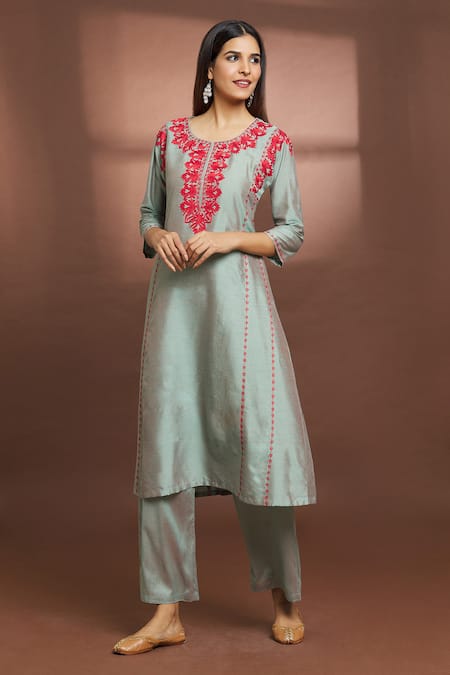 Samyukta Singhania Round Neck Embroidered Flared Kurta & Pant Set 