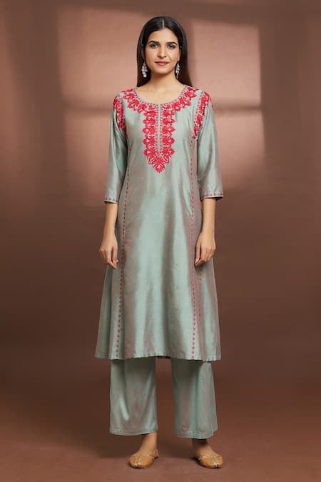 Samyukta Singhania_Grey Cotton, Silk Embroidery Round Neck Flared Kurta And Pant Set _Online_at_Aza_Fashions