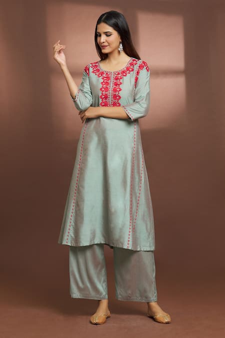Buy_Samyukta Singhania_Grey Cotton, Silk Embroidery Round Neck Flared Kurta And Pant Set _Online_at_Aza_Fashions