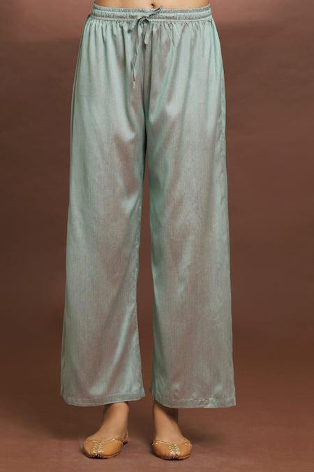 Samyukta Singhania_Grey Cotton, Silk Embroidery Round Neck Flared Kurta And Pant Set _at_Aza_Fashions