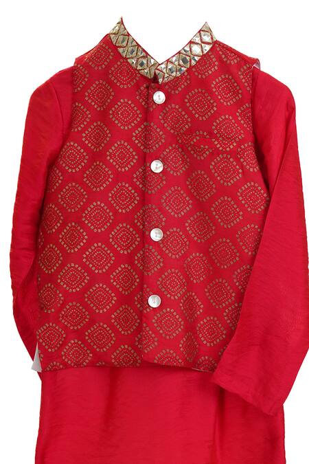 MI Dulce AN'YA Red Chanderi, Cotton, Handloom Cotton, Silk Bandhani Print Kurta Set With Bundi Online at Aza Fashions MI Dulce AN'YA_Red Chanderi, Cotton, Handloom Cotton, Silk Bandhani Print Kurta Set With Bundi _Online_at_Aza_Fashions