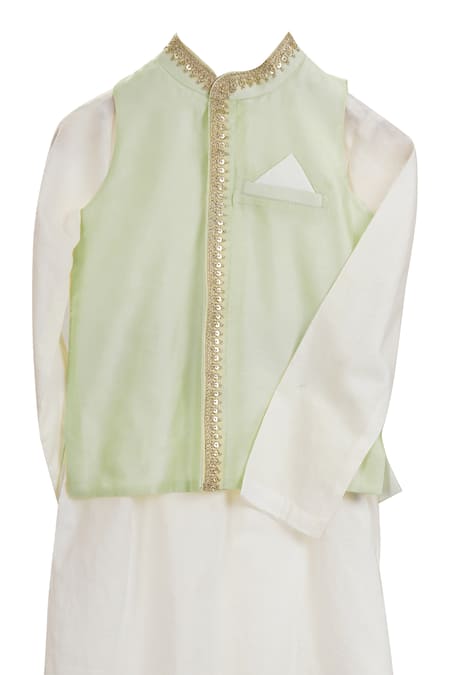 MI Dulce AN'YA_Ivory Chanderi, Cotton, Silk, Gingham Mint Embroidered Bundi And Kurta Set _Online_at_Aza_Fashions