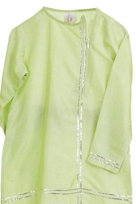 MI Dulce AN'YA_Green Handloom Cotton, Chanderi, Silk, Round Neck Gota Embellished Kurta Set _Online_at_Aza_Fashions