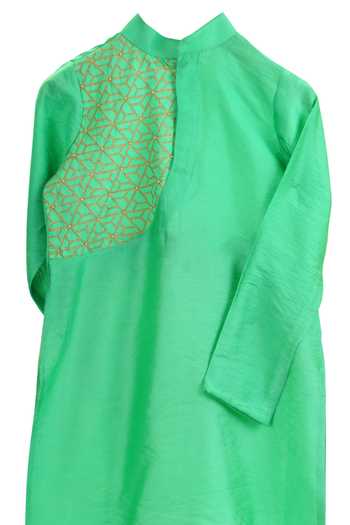 MI Dulce AN'YA_Green Handloom , Chanderi, Silk, Placement Printed Kurta Set _Online_at_Aza_Fashions