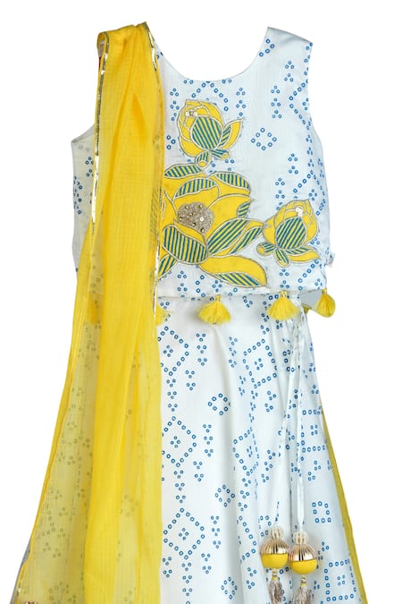 MI Dulce AN'YA_Blue Handloom Cotton, Chanderi, Silk, Cotton, Chiffon Bandhej Print Lehenga Set _Online_at_Aza_Fashions