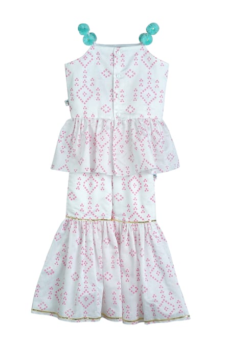 Shop MI Dulce AN'YA Fuchsia Chanderi, Organza, Cotton Bandhani Pattern Peplum Kurta With Sharara at Aza Fashions Shop_MI Dulce AN'YA_Fuchsia Chanderi, Organza, Cotton Bandhani Pattern Peplum Kurta With Sharara _at_Aza_Fashions