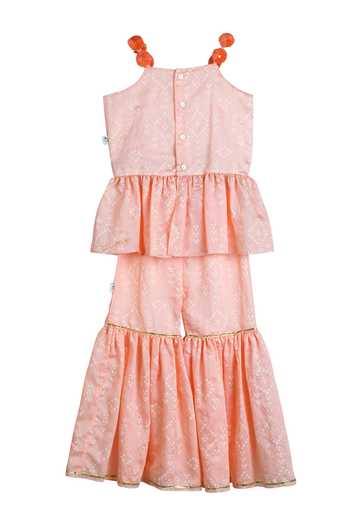 Shop MI Dulce AN'YA Peach Chanderi, Organza Pom-poms, Embroidery Bandhani Pattern Kurta With Sharara at Aza Fashions Shop_MI Dulce AN'YA_Peach Chanderi, Organza Pom-poms, Embroidery Bandhani Pattern Kurta With Sharara _at_Aza_Fashions