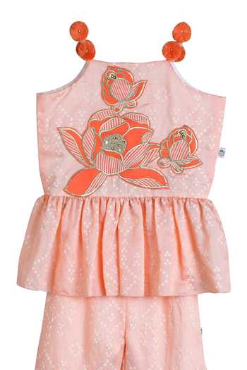 MI Dulce AN'YA Peach Chanderi, Organza Pom-poms, Embroidery Bandhani Pattern Kurta With Sharara Online at Aza Fashions MI Dulce AN'YA_Peach Chanderi, Organza Pom-poms, Embroidery Bandhani Pattern Kurta With Sharara _Online_at_Aza_Fashions