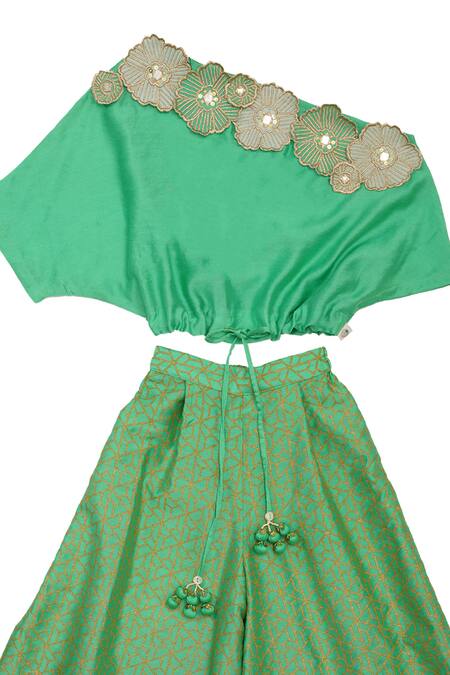 MI Dulce AN'YA Emerald Green Chanderi, Organza, Cotton One Shoulder Blouse With Palazzo Online at Aza Fashions MI Dulce AN'YA_Emerald Green Chanderi, Organza, Cotton One Shoulder Blouse With Palazzo _Online_at_Aza_Fashions