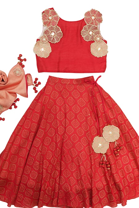 MI Dulce AN'YA_Red Chanderi, Organza, Cotton Applique, Embroidery Foil Print Lehenga Set _Online_at_Aza_Fashions