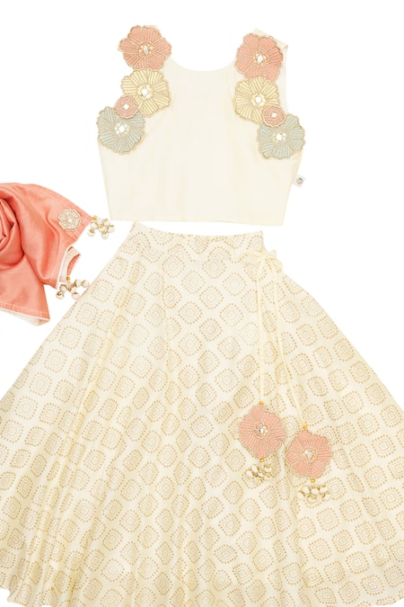 MI Dulce AN'YA_Ivory Chanderi, Cotton Applique, Foil Printing, Embroidery Tasselled Lehenga Set _Online_at_Aza_Fashions