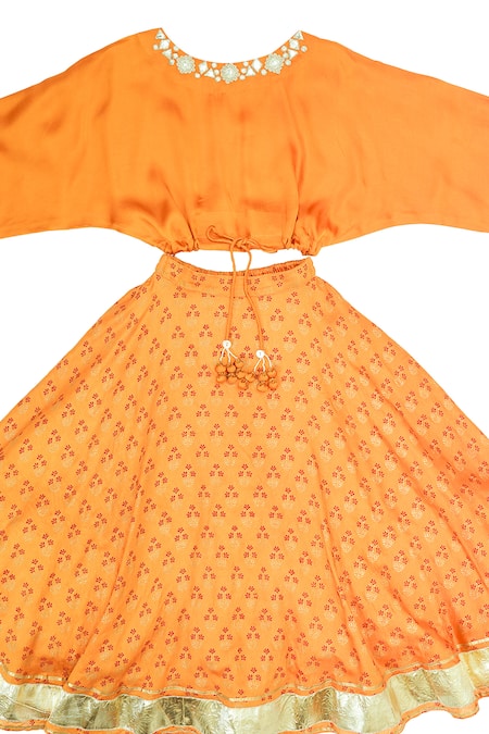 MI Dulce AN'YA_Orange Chanderi, Cotton, Organza Embroidery, Mirrors Floral Print Lehenga Set _Online_at_Aza_Fashions