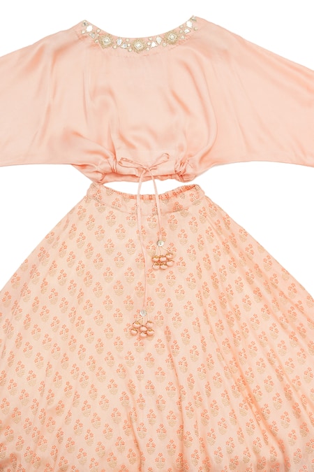 MI Dulce AN'YA Pink Chanderi, Cotton Embroidery, Mirrors Blossom Print Lehenga Set Online at Aza Fashions MI Dulce AN'YA_Pink Chanderi, Cotton Embroidery, Mirrors Blossom Print Lehenga Set _Online_at_Aza_Fashions