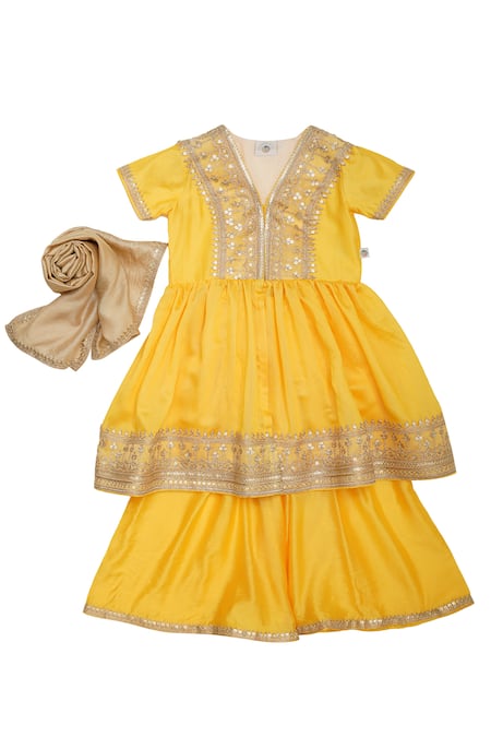 Mi Dulce An'ya Yellow Organic Cotton Lace Lined Peplum Kurta Palazzo Set 