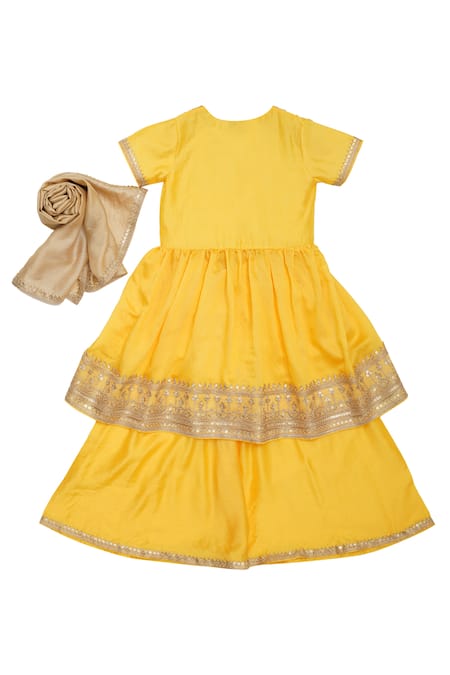 Shop MI Dulce AN'YA Yellow Chanderi, Cotton, Organza Sequins Lace Lined Peplum Kurta Palazzo Set at Aza Fashions Shop_MI Dulce AN'YA_Yellow Chanderi, Cotton, Organza Sequins Lace Lined Peplum Kurta Palazzo Set _at_Aza_Fashions