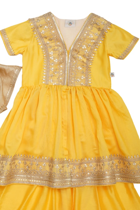 MI Dulce AN'YA Yellow Chanderi, Cotton, Organza Sequins Lace Lined Peplum Kurta Palazzo Set Online at Aza Fashions MI Dulce AN'YA_Yellow Chanderi, Cotton, Organza Sequins Lace Lined Peplum Kurta Palazzo Set _Online_at_Aza_Fashions