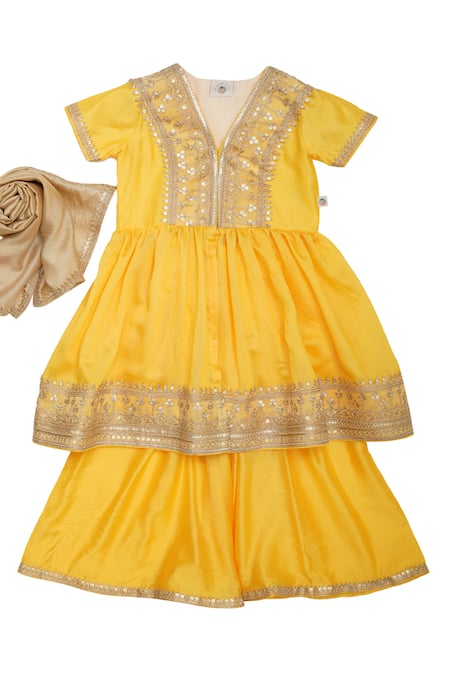 Buy MI Dulce AN'YA Yellow Chanderi, Cotton, Organza Sequins Lace Lined Peplum Kurta Palazzo Set Online at Aza Fashions Buy_MI Dulce AN'YA_Yellow Chanderi, Cotton, Organza Sequins Lace Lined Peplum Kurta Palazzo Set _Online_at_Aza_Fashions