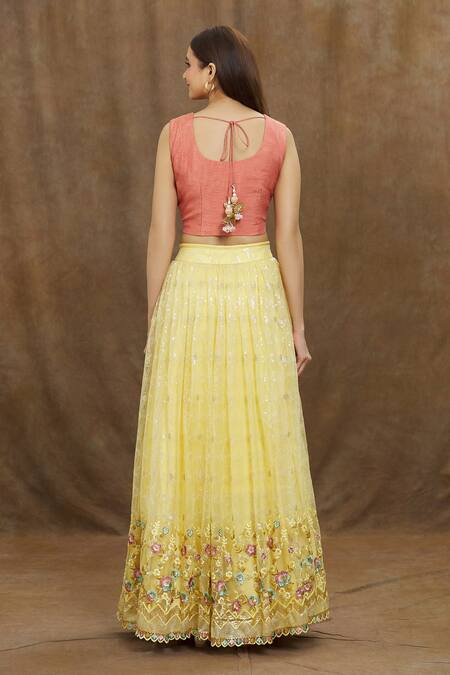 Shop Samyukta Singhania Yellow Silk, Net, Crepe Embroidery, Sequins Round Neck Floral Lehenga Set at Aza Fashions Shop_Samyukta Singhania_Yellow Silk, Net, Crepe Embroidery, Sequins Round Neck Floral Lehenga Set_at_Aza_Fashions