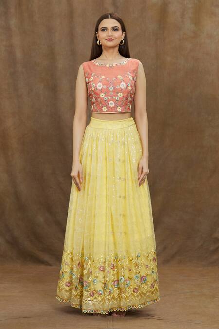Samyukta Singhania Yellow Silk, Net, Crepe Embroidery, Sequins Round Neck Floral Lehenga Set Online at Aza Fashions Samyukta Singhania_Yellow Silk, Net, Crepe Embroidery, Sequins Round Neck Floral Lehenga Set_Online_at_Aza_Fashions