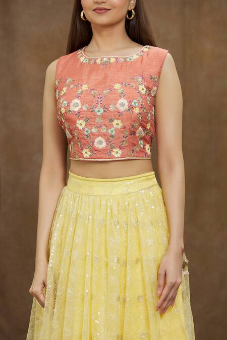 Buy Samyukta Singhania Yellow Silk, Net, Crepe Embroidery, Sequins Round Neck Floral Lehenga Set Online at Aza Fashions Buy_Samyukta Singhania_Yellow Silk, Net, Crepe Embroidery, Sequins Round Neck Floral Lehenga Set_Online_at_Aza_Fashions