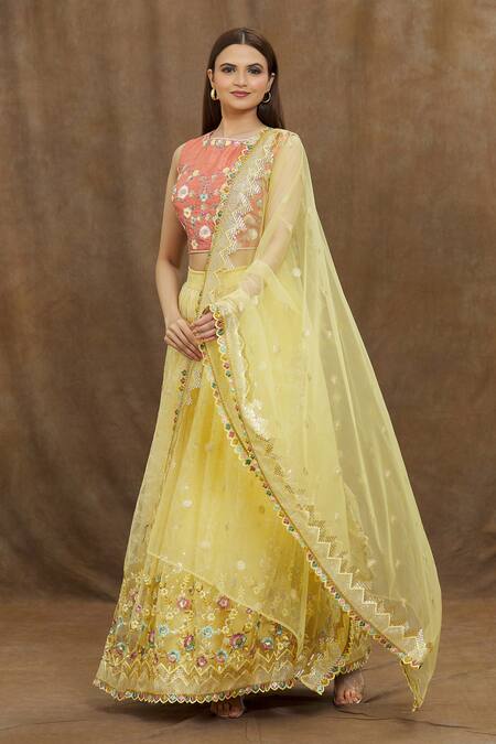 Shop Samyukta Singhania Yellow Silk, Net, Crepe Embroidery, Sequins Round Neck Floral Lehenga Set Online at Aza Fashions Shop_Samyukta Singhania_Yellow Silk, Net, Crepe Embroidery, Sequins Round Neck Floral Lehenga Set_Online_at_Aza_Fashions
