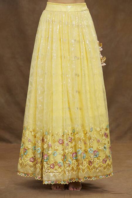Samyukta Singhania Yellow Silk, Net, Crepe Embroidery, Sequins Round Neck Floral Lehenga Set at Aza Fashions Samyukta Singhania_Yellow Silk, Net, Crepe Embroidery, Sequins Round Neck Floral Lehenga Set_at_Aza_Fashions